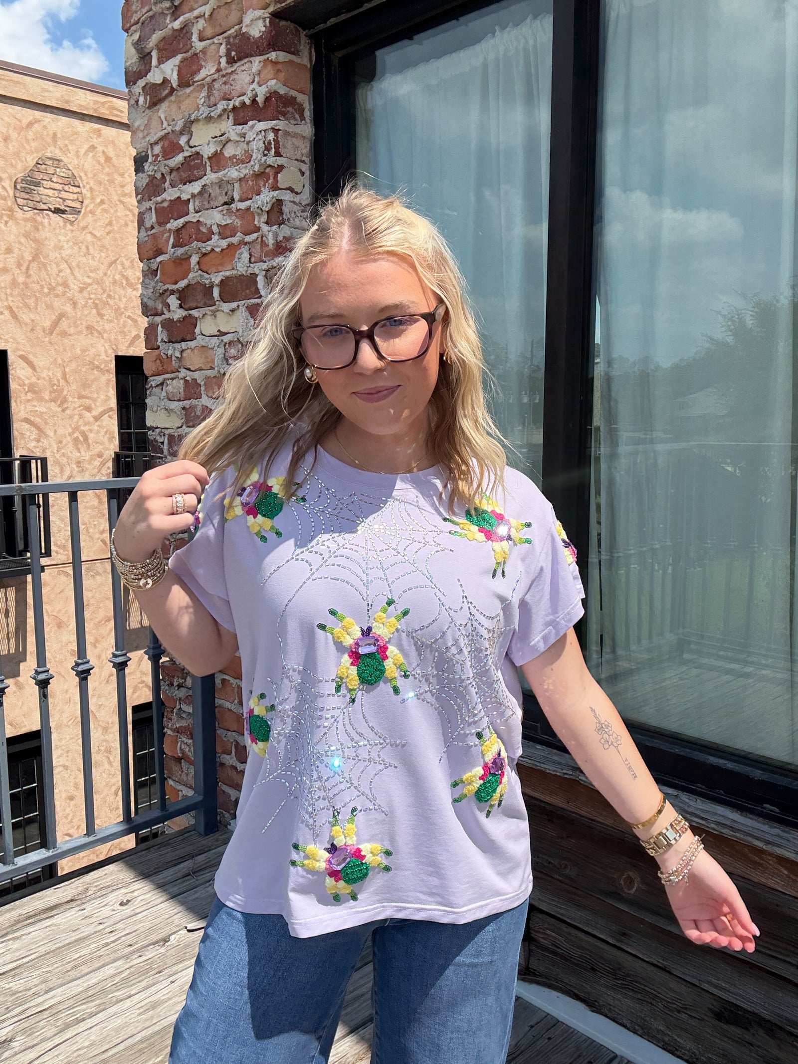 Queen of Sparkles Lavender Crawling Spiders Tee