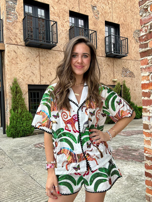 Queen of Sparkles White & Black Trim Safari Button Up Top