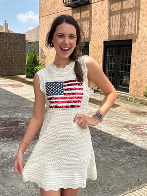 Queen of Sparkles White Lace Knit American Flag Tank Dress