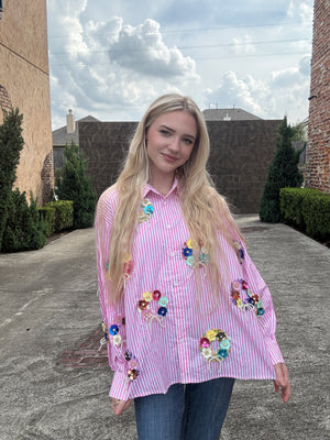 Queen of Sparkles Pink & White Stripe Sequin Flower Wreath Cotton Button Up Top