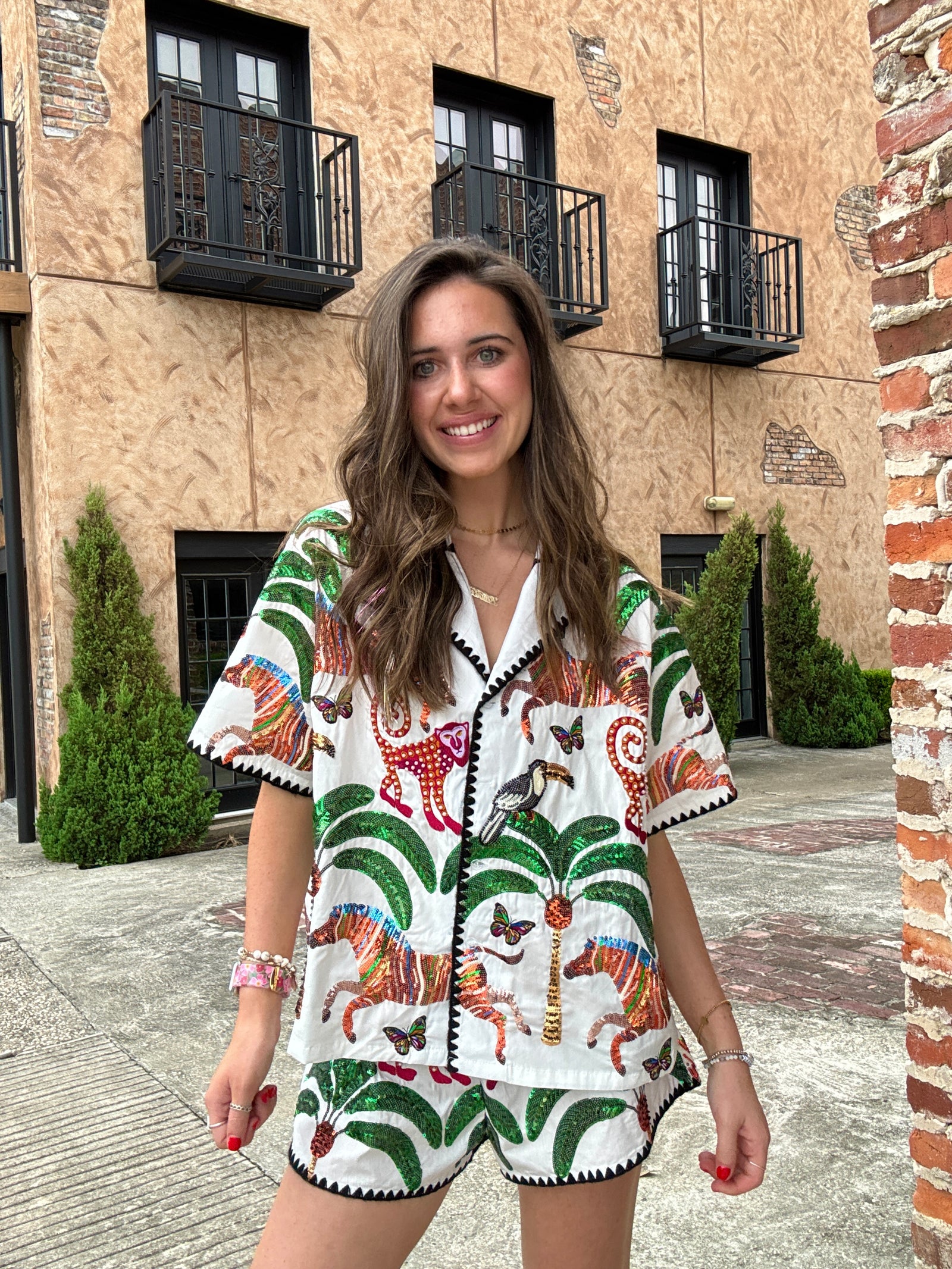 Queen of Sparkles White & Black Trim Safari Button Up Top