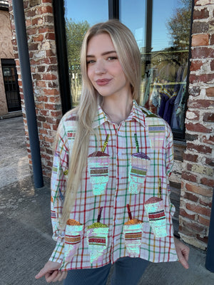 Queen of Sparkles Rainbow Plaid Daiquiri Cotton Button Up Long Sleeve Blouse