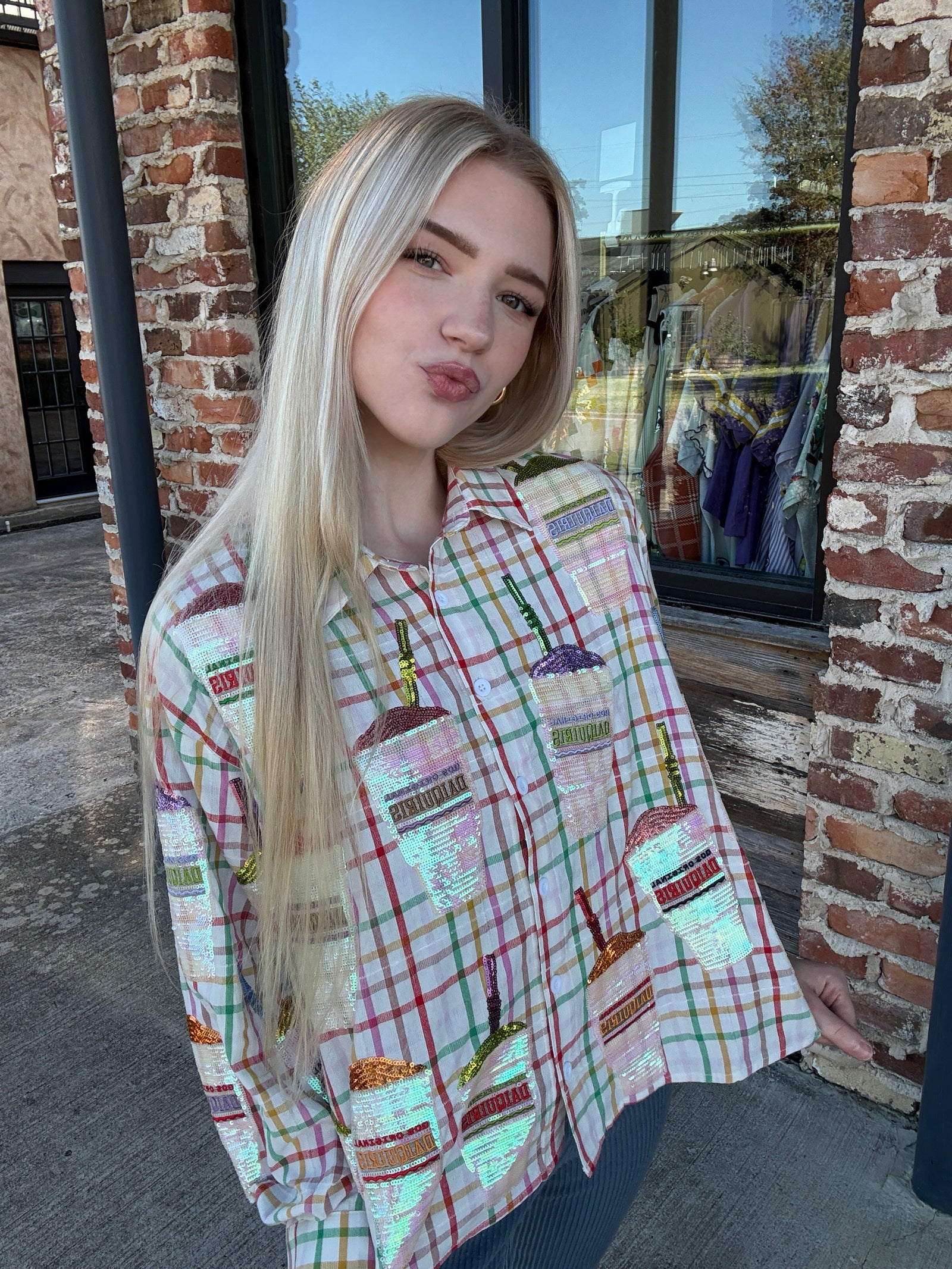 Queen of Sparkles Rainbow Plaid Daiquiri Cotton Button Up Long Sleeve Blouse