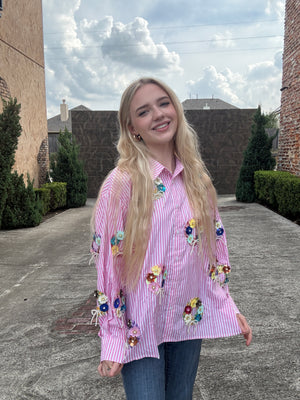 Queen of Sparkles Pink & White Stripe Sequin Flower Wreath Cotton Button Up Top