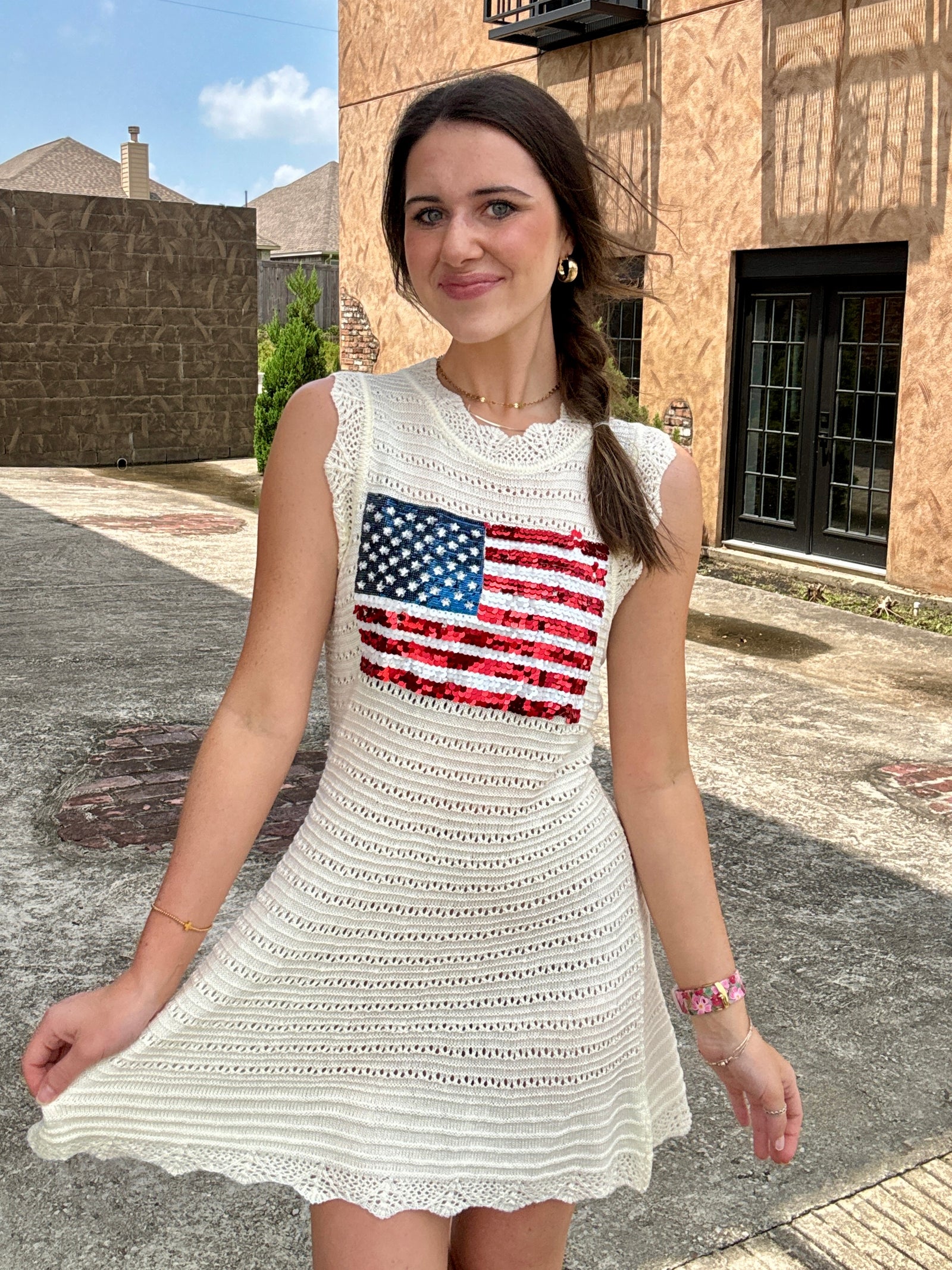 Queen of Sparkles White Lace Knit American Flag Tank Dress