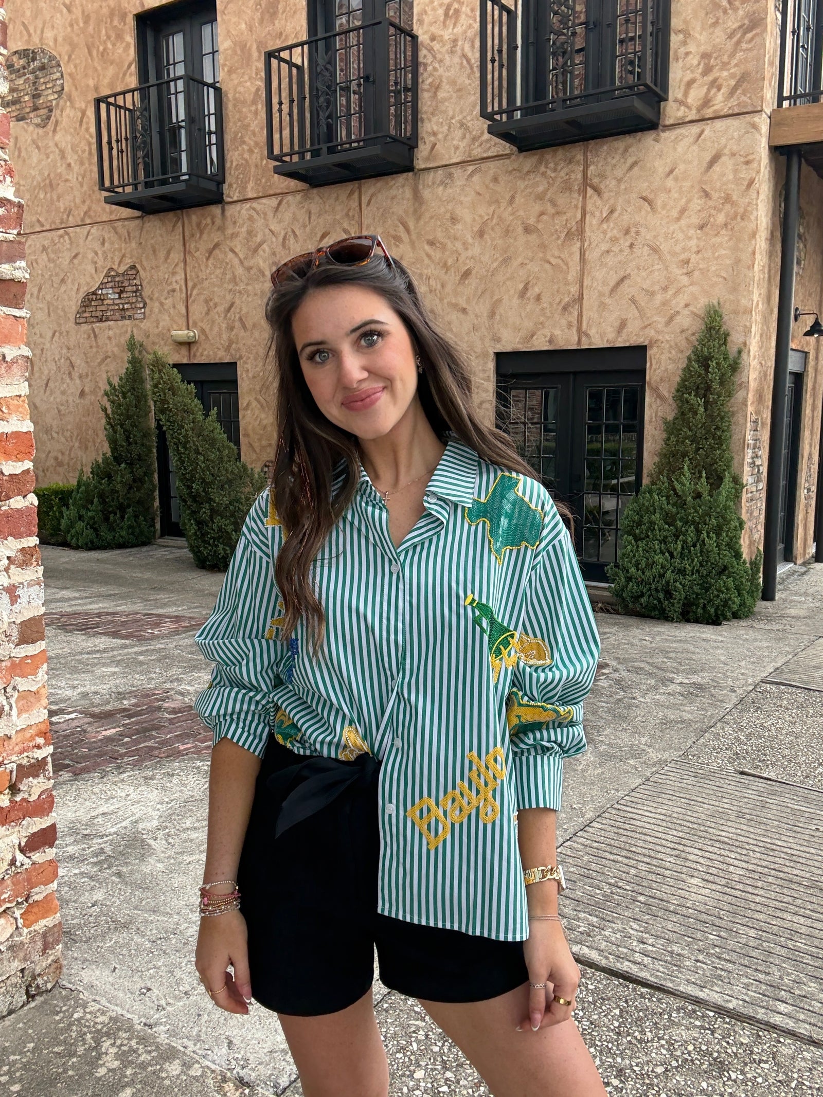 Queen of Sparkles Licensed Baylor Mini Icon Striped Button Down Long Sleeve Top