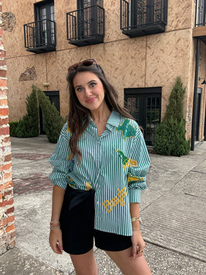 Queen of Sparkles Licensed Baylor Mini Icon Striped Button Down Long Sleeve Top