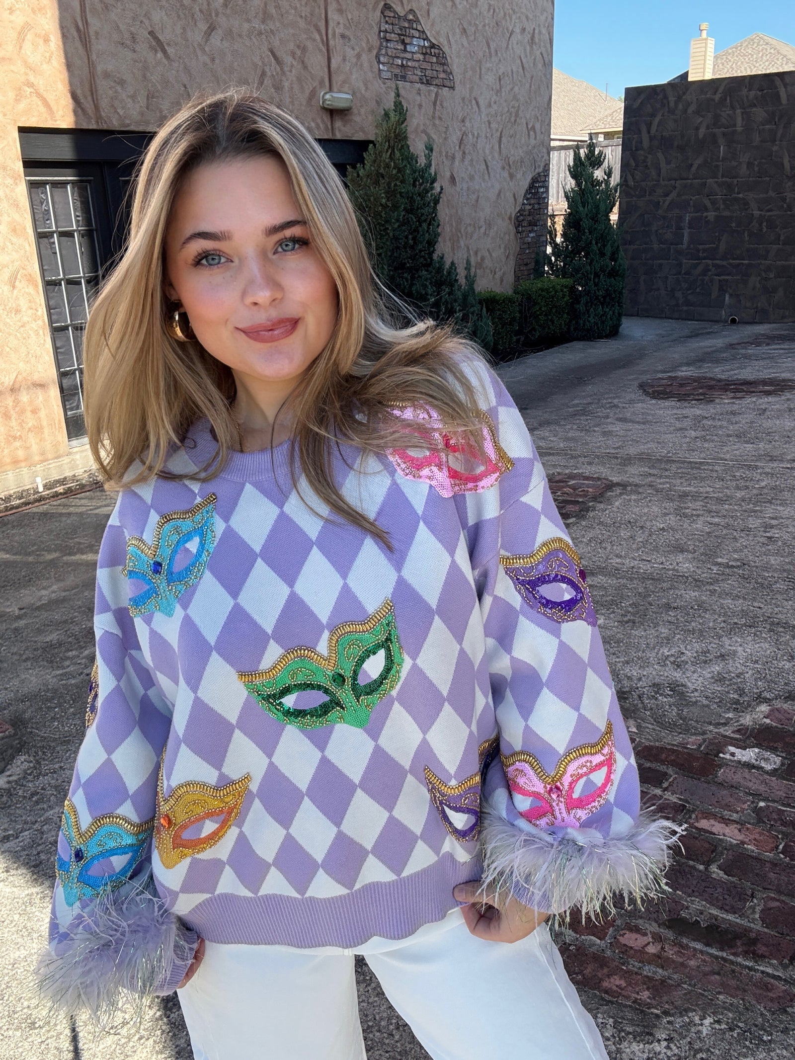 Queen of Sparkles Lavender & White Diamond Print Multi Mask Feather Sleeve Sweater