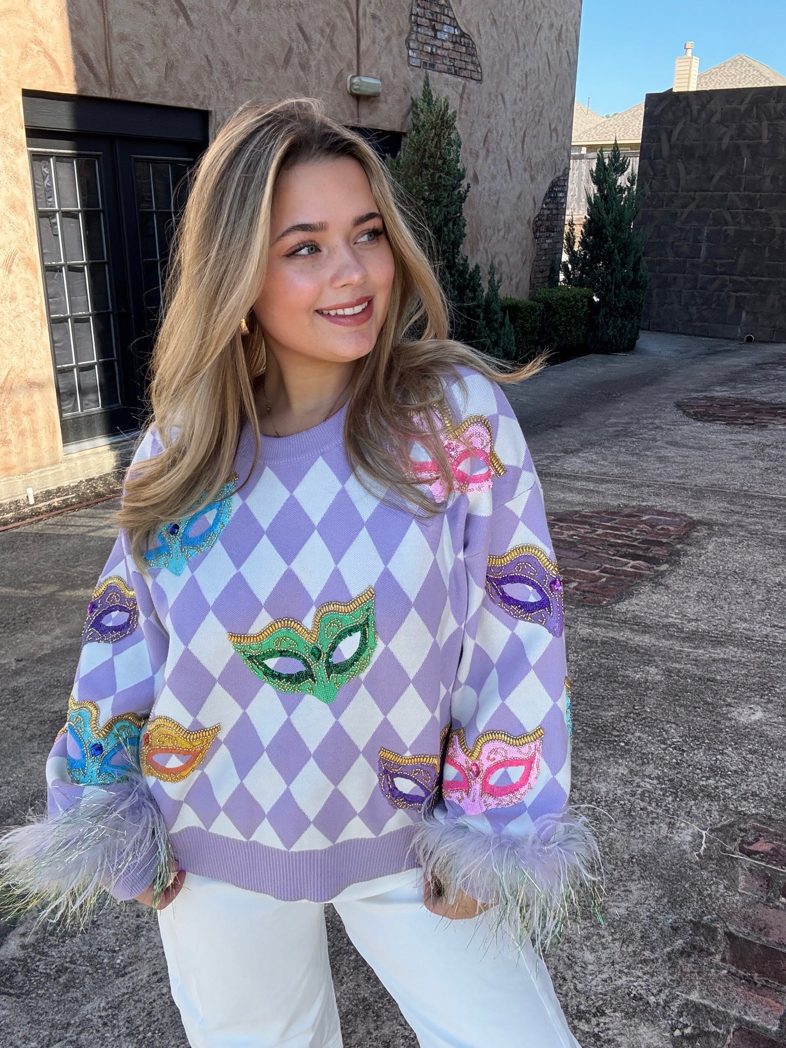 Queen of Sparkles Lavender & White Diamond Print Multi Mask Feather Sleeve Sweater