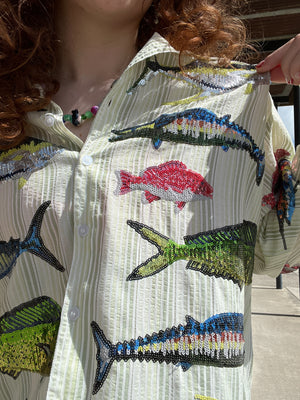 Queen of Sparkles Green Stripe Multi Fish Collar Top