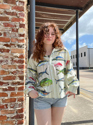 Queen of Sparkles Green Stripe Multi Fish Collar Top
