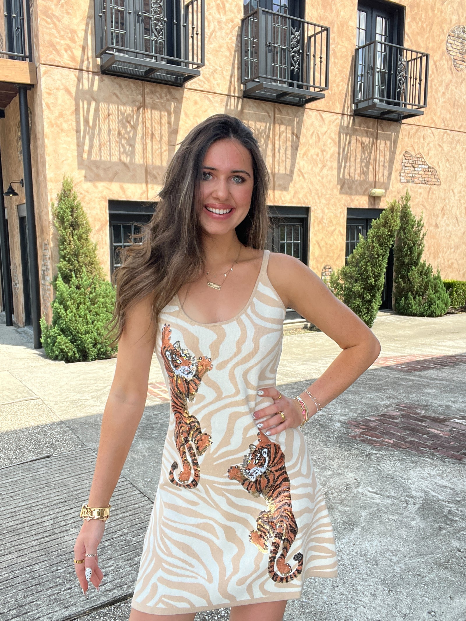 Queen of Sparkles Tiger on Tiger Print Knit Dress