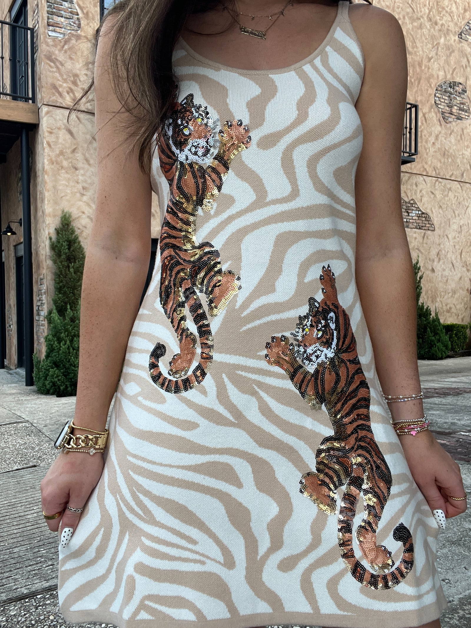 Queen of Sparkles Tiger on Tiger Print Knit Dress