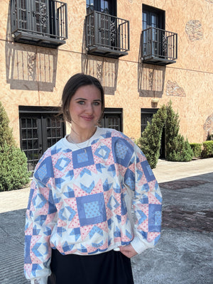 Queen of Sparkles Ivory, Blue & Light Pink Patchwork Sweatshirt