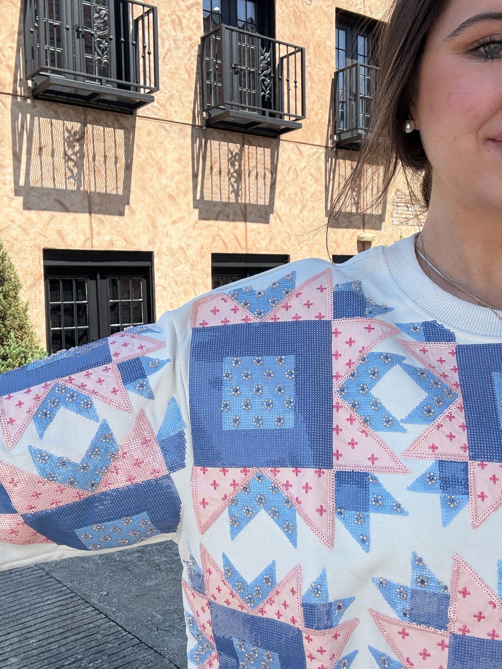 Queen of Sparkles Ivory, Blue & Light Pink Patchwork Sweatshirt