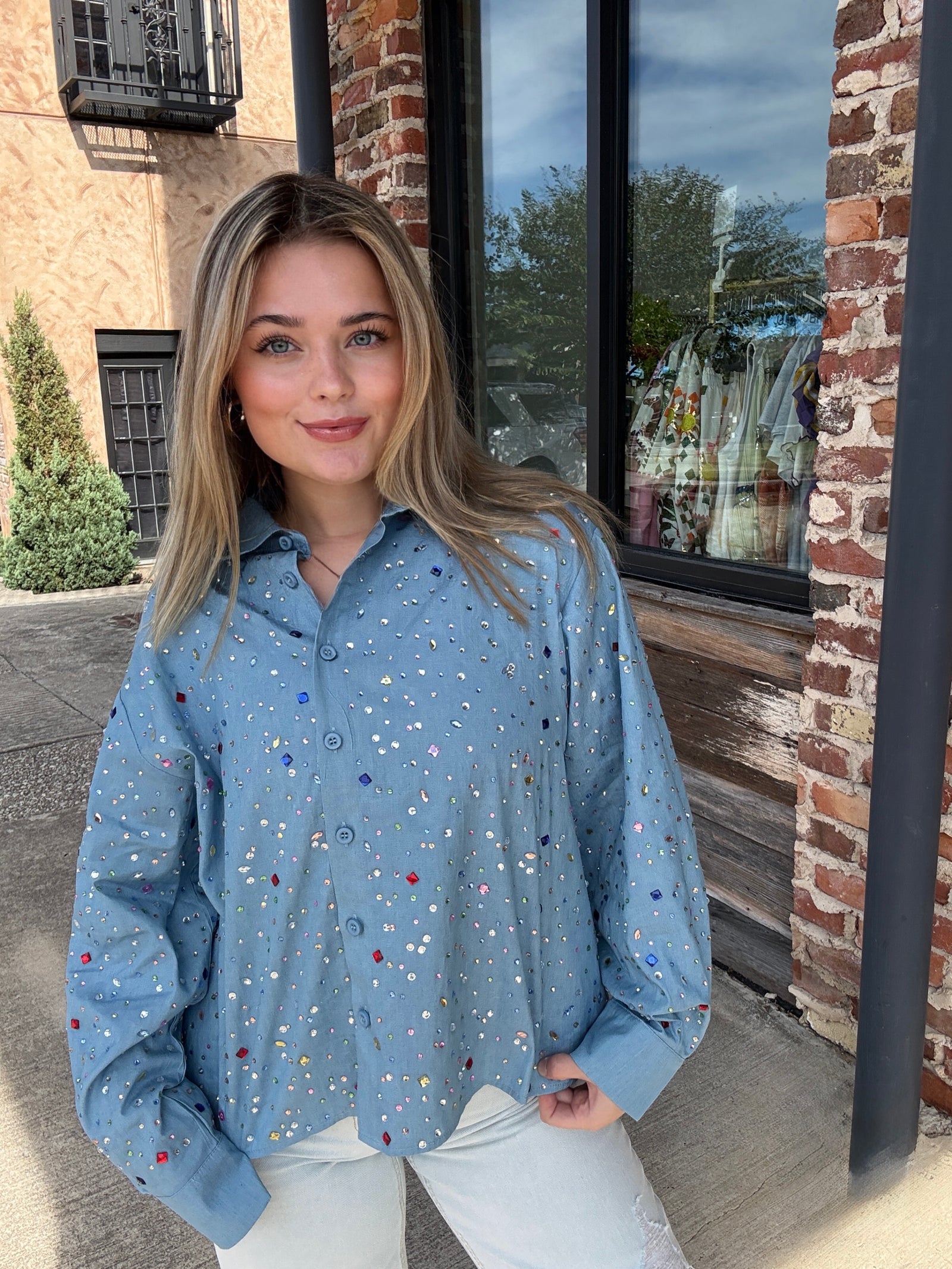 Queen of Sparkles Chambray Multi Rhinestone Button Up Collar Top