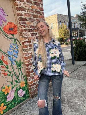 Queen of Sparkles Blue & White Checkered Scattered Magnolia Button Up Top