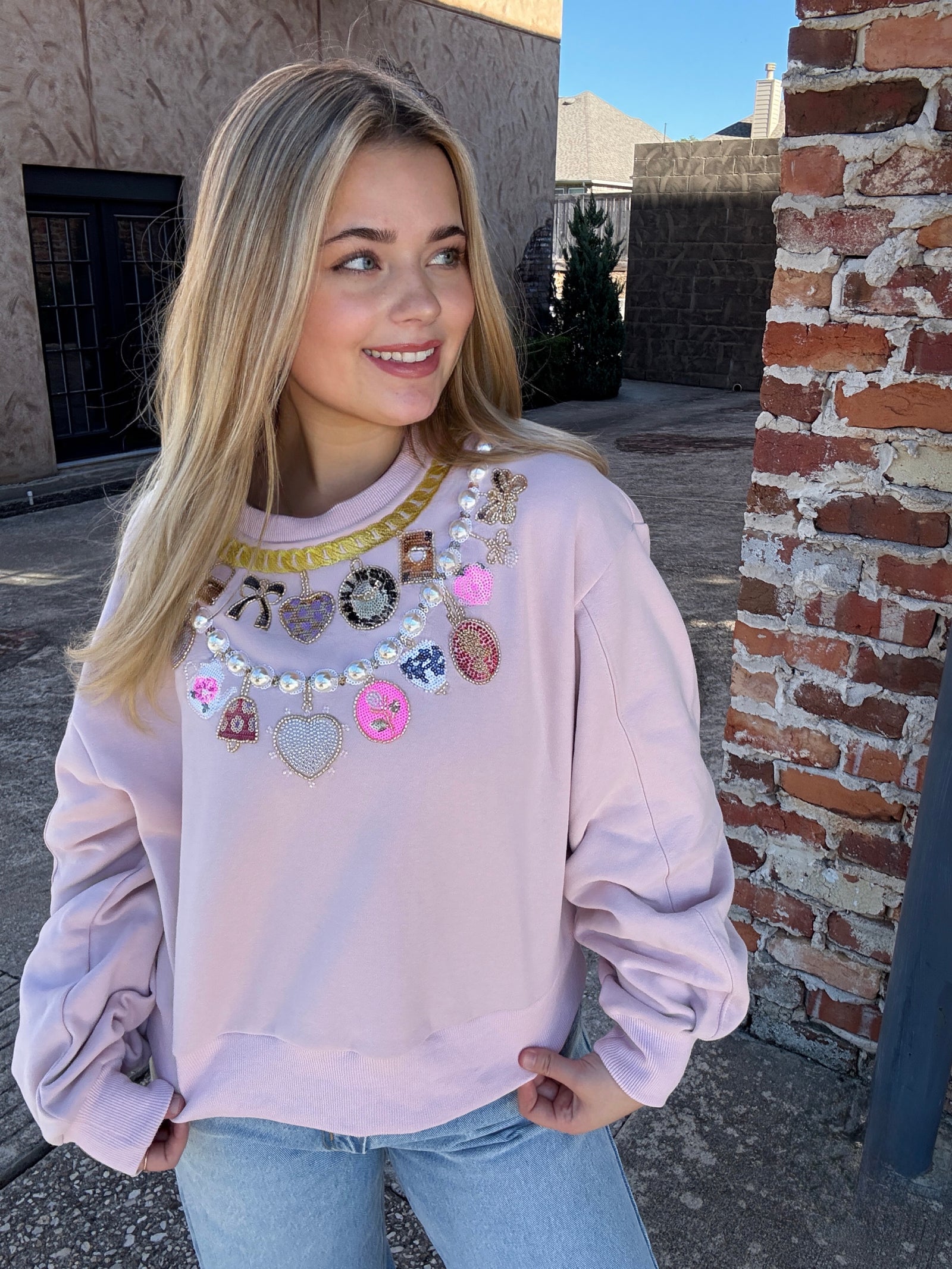 Queen of Sparkles Pale Pink Pear & Charm VDay Sweatshirt