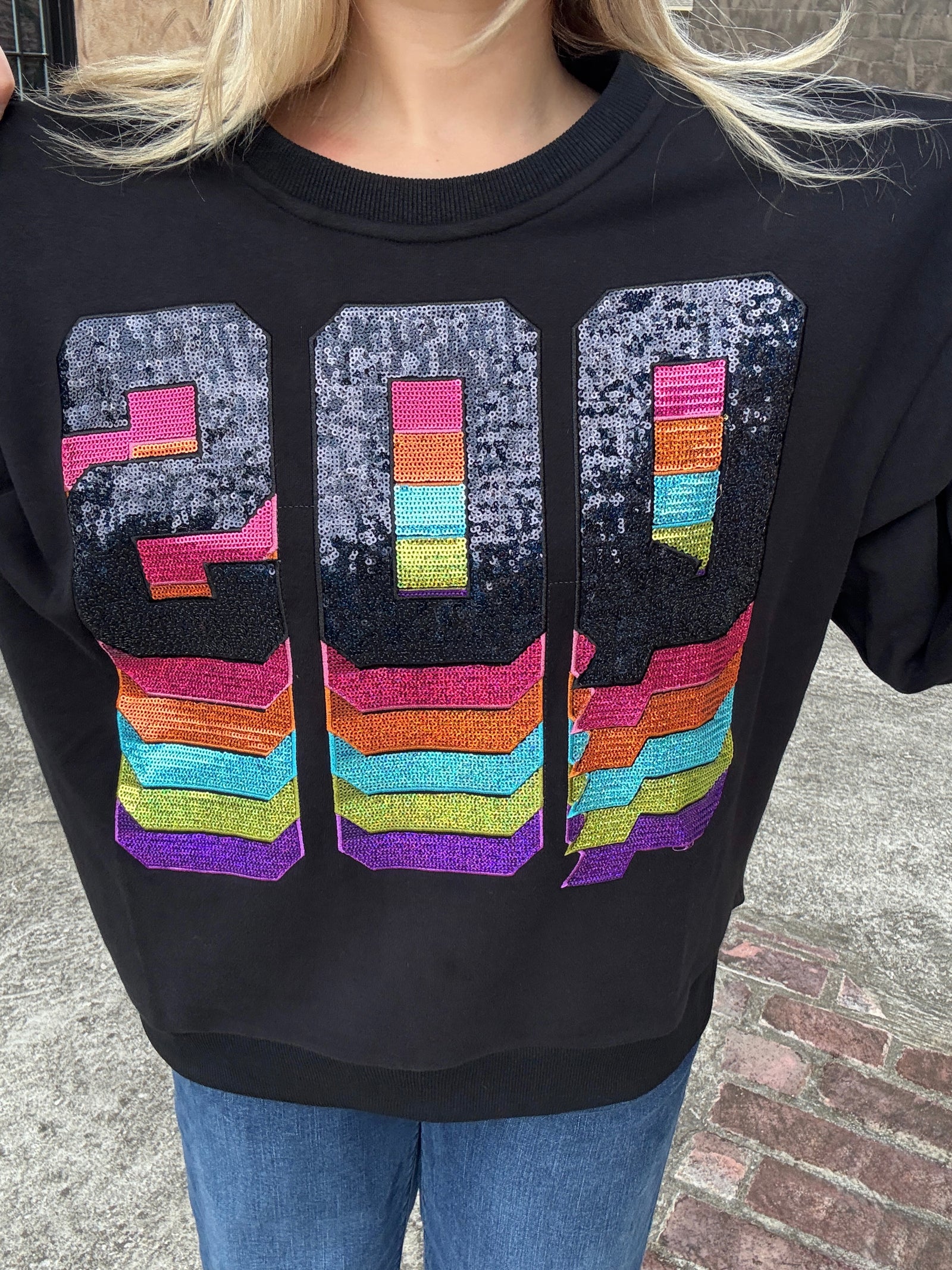 Queen of Sparkles Black Rainbow QOS Logo Sweatshirt