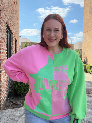 licensed Wicked movie sweatshirt in pink and green with sequins and lots of sparkle