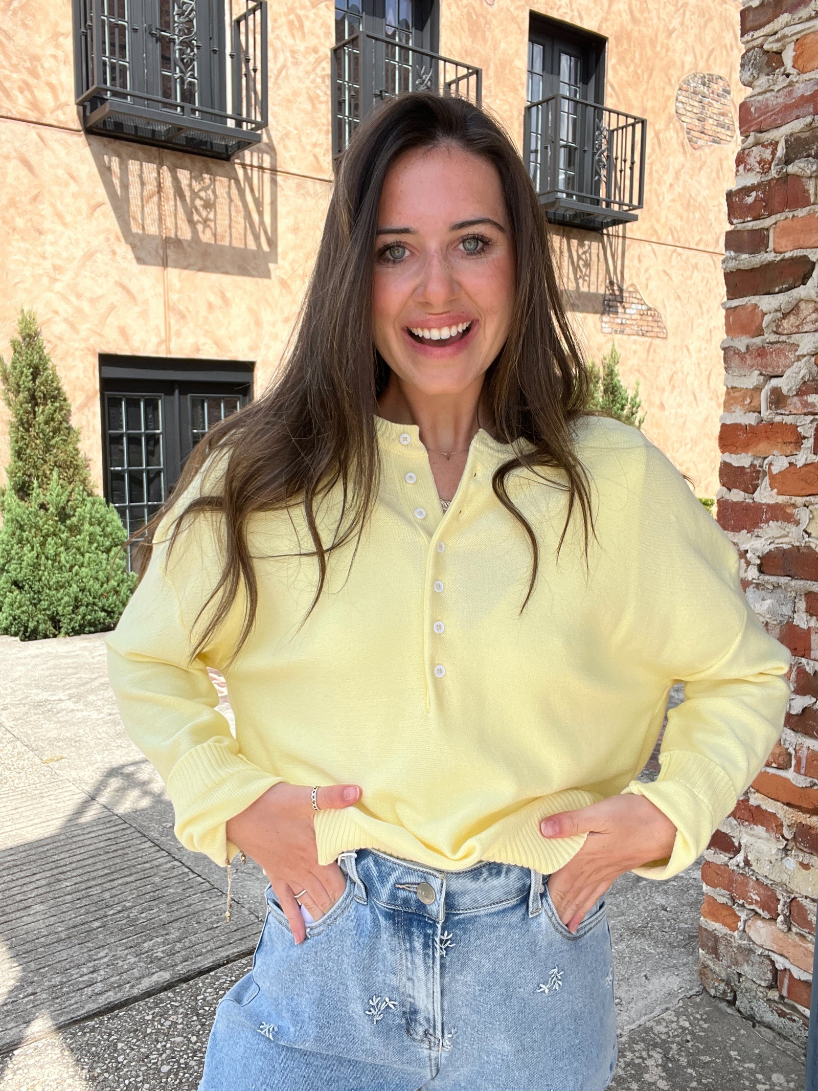 yellow sweater chic influencer style boutique best sellers spring tx